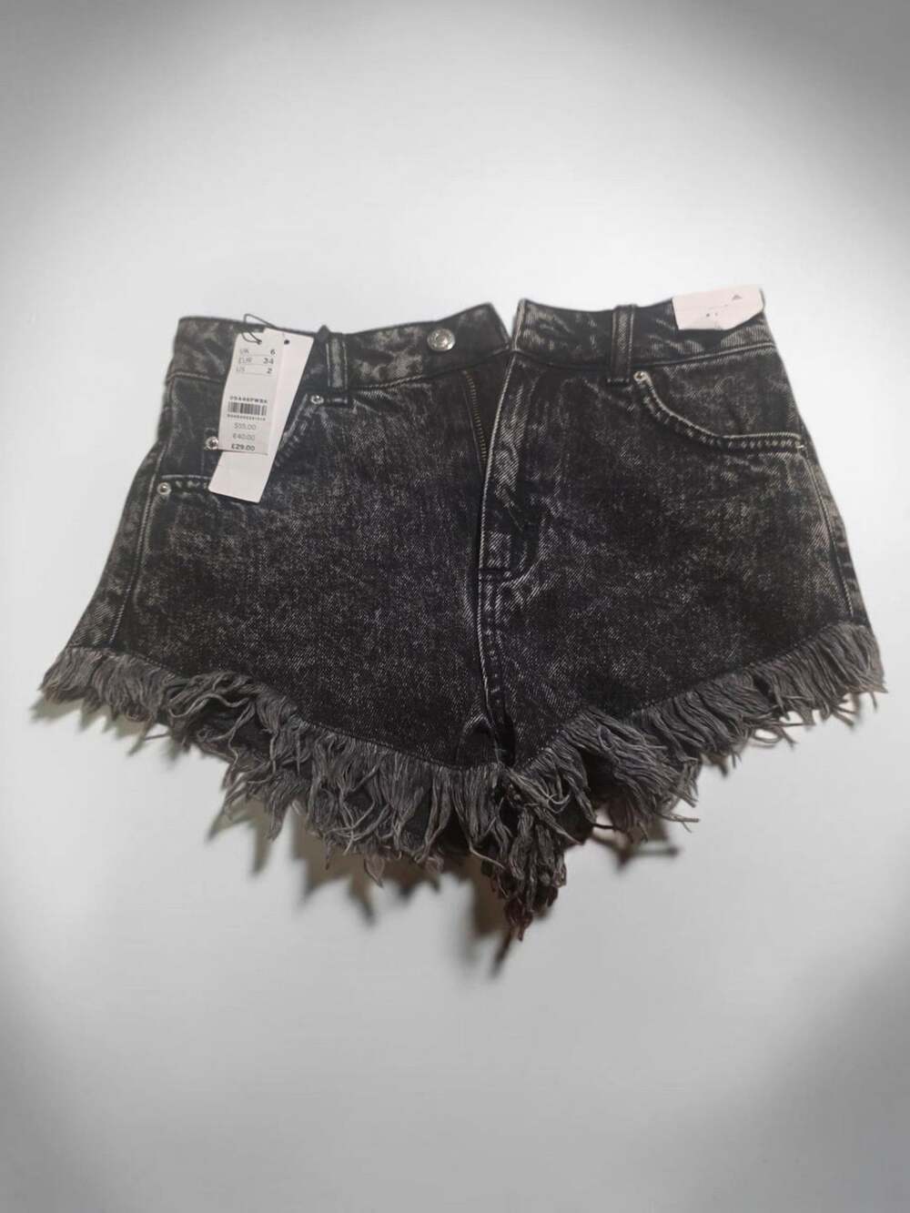 Topshop Kiri Denim Shorts Size US 2 Black Acid Wash Frayed Hem